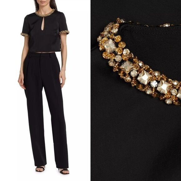 SELF-PORTRAIT NEW Embellished Black Gold Satin Short Sleeve Blouse Size 4